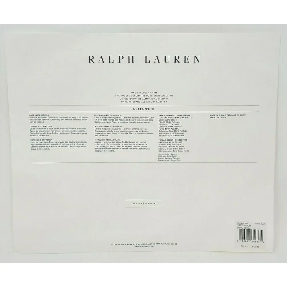 Ralph Lauren Euro Pillow Sham Greenwich 26 x 26 NWT Vintage Silver MSRP $146